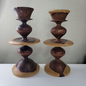 Wooden Candlestick Holders Tapered Solid Grain Two Tone Turned Pair Set 6.5 Inch